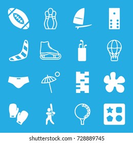 Recreation icons set. set of 16 recreation filled and outline icons such as boomerang, from toy for beach, baseball player, windsurfing, boxing gloves, american football