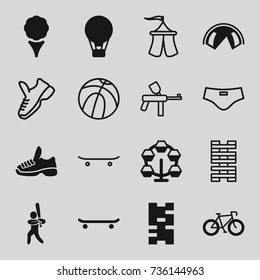 Recreation icons set. set of 16 recreation filled and outline icons such as baseball player, skateboard, trainers, tent, man swim wear, carousel, domino, golf, air balloon