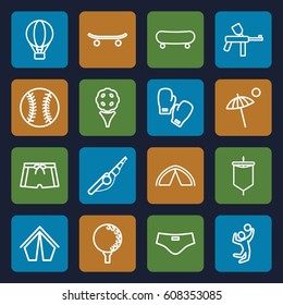 Recreation icons set. set of 16 recreation outline icons such as air balloon, umbrella, man swim wear, tent, sail, volleyball player, skateboard, golf ball, boxing gloves