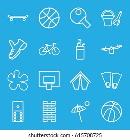 Recreation icons set. set of 16 recreation outline icons such as bucket toy for beach, swing, umbrella, basketball basket, trainers, table tennis, basketball, tent, bicycle