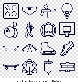 Recreation icons set. set of 16 recreation outline icons such as from toy for beach, trailer, man swim wear, air balloon, tent, sail, baseball player, skateboard