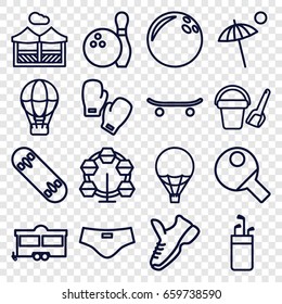 Recreation icons set. set of 16 recreation outline icons such as bucket toy for beach, trailer, pergola, umbrella, man swim wear, air balloon, skateboard, skate board
