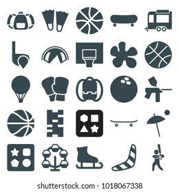 Recreation icons. set of 25 editable filled recreation icons such as boomerang, from toy for beach, backpack, paintball, flippers, skate, carousel, tent, domino, trailer