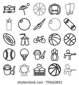 Recreation icons. set of 25 editable outline recreation icons such as bucket toy for beach, backpack, paintball, fishing rod, trailer, bicycle, bowling ball, basketball, tent