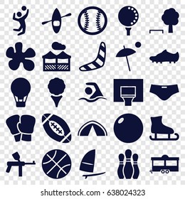 Recreation icons set. set of 25 recreation filled icons such as boomerang, trailer, pergola, swimming, volleyball player, basketball basket, golf ball, soccer trainers