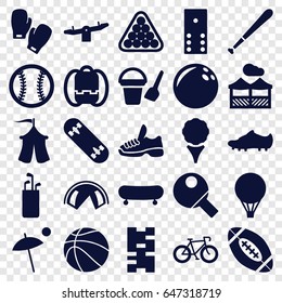 Recreation icons set. set of 25 recreation filled icons such as bucket toy for beach, swing, billiards, tent, pergola, skate board, soccer trainers, trainers, boxing gloves