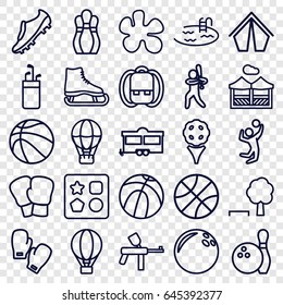 Recreation icons set. set of 25 recreation outline icons such as from toy for beach, pool, trailer, pergola, air balloon, baseball player, volleyball player, soccer trainers