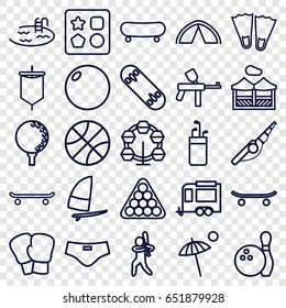Recreation icons set. set of 25 recreation outline icons such as from toy for beach, pool, billiards, trailer, pergola, umbrella, man swim wear, tent, sail, baseball player