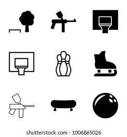 Recreation icons. set of 9 editable filled and outline recreation icons such as bowling ball, paintball, skate, tree and bench, basketball basket, bowling
