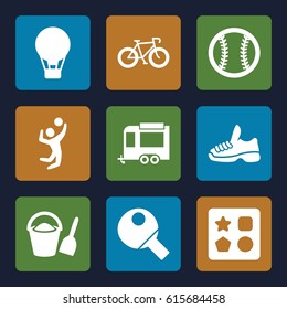 Recreation icons set. set of 9 recreation filled icons such as from toy for beach, trailer, volleyball player, trainers, baseball, table tennis, bucket and shovel, air balloon