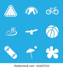 Recreation icons set. set of 9 recreation filled icons such as swing, pool, billiards, skate board, umbrella, paintball, tent, basketball