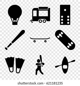 Recreation icons set. set of 9 recreation filled icons such as trailer, baseball player, skateboard, skate board, baseball bat, air balloon, rowing boat, domino