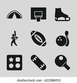 Recreation icons set. set of 9 recreation filled icons such as from toy for beach, baseball player, basketball basket, skate board, bowling, american football, table tennis
