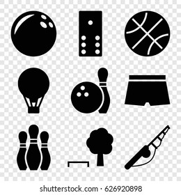 Recreation icons set. set of 9 recreation filled icons such as bowling, air balloon, man swim wear, domino, bowling ball, fishing rod, tree and bench