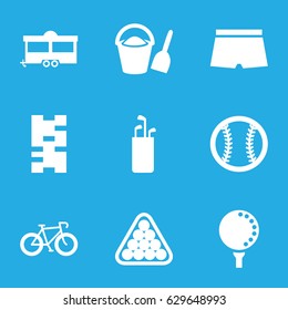 Recreation icons set. set of 9 recreation filled icons such as billiards, trailer, golf ball, baseball, man swim wear, bucket and shovel, domino, golf putter