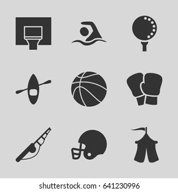 Recreation icons set. set of 9 recreation filled icons such as tent, swimming, basketball basket, golf ball, basketball, american football helmet, rowing boat, fishing rod