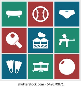 Recreation icons set. set of 9 recreation filled icons such as trailer, pergola, baseball, table tennis, man swim wear, paintball, flippers, skate