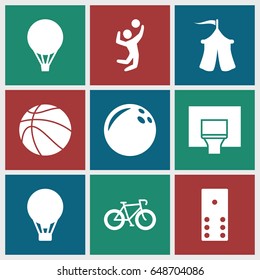 Recreation icons set. set of 9 recreation filled icons such as tent, volleyball player, basketball basket, basketball, air balloon, domino, bowling ball