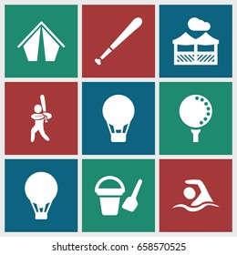 Recreation icons set. set of 9 recreation filled icons such as bucket toy for beach, pergola, baseball player, swimming, golf ball, baseball bat, air balloon