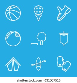 Recreation icons set. set of 9 recreation outline icons such as rowing boat, sail, trainers, boxing gloves, basketball, tree and bench, tent, bowling ball