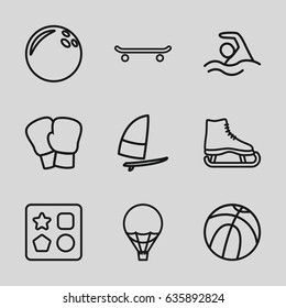 Recreation icons set. set of 9 recreation outline icons such as from toy for beach, air balloon, swimming, windsurfing, basketball, boxing gloves, skating, bowling ball