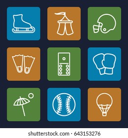 Recreation icons set. set of 9 recreation outline icons such as tent, umbrella, air balloon, baseball, american football helmet, boxing gloves, ice skating, domino