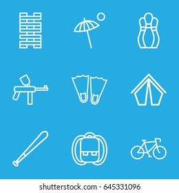 Recreation icons set. set of 9 recreation outline icons such as umbrella, baseball bat, bowling, backpack, tent, bicycle, paintball, flippers