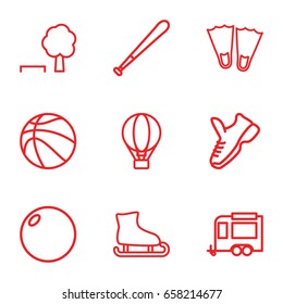 Recreation icons set. set of 9 recreation outline icons such as trailer, air balloon, trainers, baseball bat, basketball, tree and bench, bowling ball, ice skating