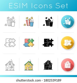 Recreation icons set. Cinema night. Fast food for film theater. Pop corn and soda. House improvement. Home repair. Linear, black and RGB color styles. Isolated vector illustrations