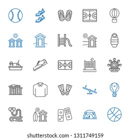 recreation icons set. Collection of recreation with basketball, tent, domino, cabin, bookworm, hot air balloon, swing, flippers, polo. Editable and scalable recreation icons.