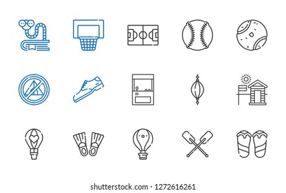 recreation icons set. Collection of recreation with flip flops, paddles, hot air balloon, flippers, cabin, punching ball, arcade, shoe. Editable and scalable recreation icons.