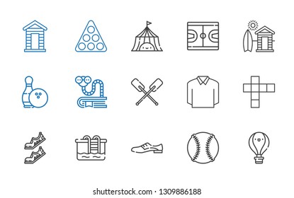 recreation icons set. Collection of recreation with hot air balloon, baseball, shoes, pool, hopscotch, polo, paddles, bookworm, bowling. Editable and scalable recreation icons.