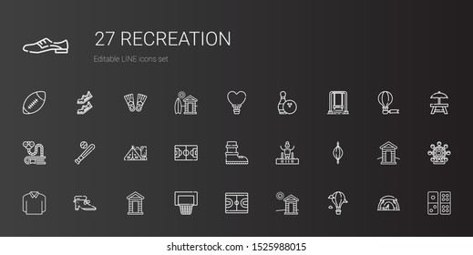 recreation icons set. Collection of recreation with hot air balloon, cabin, basketball, shoes, polo, punching ball, pool, boots, football field. Editable and scalable recreation icons.