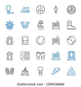 recreation icons set. Collection of recreation with pool, shoe, hot air balloon, tent, flip flop, swing, volley, flip flops, domino, cabin. Editable and scalable recreation icons.