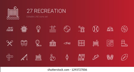 recreation icons set. Collection of recreation with shoe, flippers, punching ball, bowling, volley, fishing rod, hopscotch, basketball. Editable and scalable recreation icons.