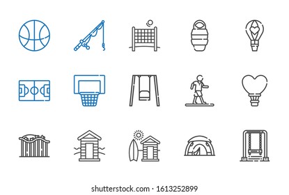 recreation icons set. Collection of recreation with swing, tent, cabin, roller coaster, hot air balloon, walking, basketball, football field. Editable and scalable recreation icons.