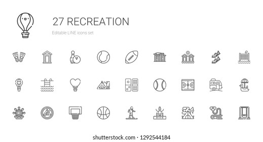 recreation icons set. Collection of recreation with tent, pool, walking, basketball, ferris wheel, baseball, domino, hot air balloon, swimming pool. Editable and scalable recreation icons.