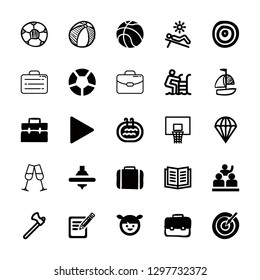 recreation icons set with girl face with two small pony tails, play arrow and ebook vector set