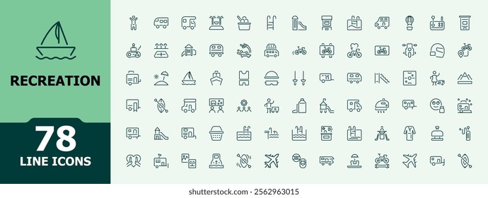 Recreation icons set. Includes thin line adventure, hiking, tourism, guitar, rest, sun, party, mountain. Minimalistic icons. Editable vector illustration.