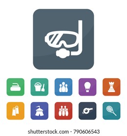 Recreation icons. vector collection filled recreation icons such as circus, bowling, stone for curling, tennis, king chess, whistle, diving mask, bucket scoop, air balloon