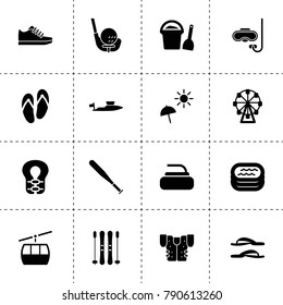 Recreation icons. vector collection filled recreation icons. includes symbols such as ferris wheel, stone for curling, baseball bat. use for web, mobile and ui design.