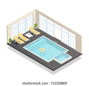 Recreation indoor swimming pool and fun bath with poolside lounge chairs interior isometric composition poster vector illustration 