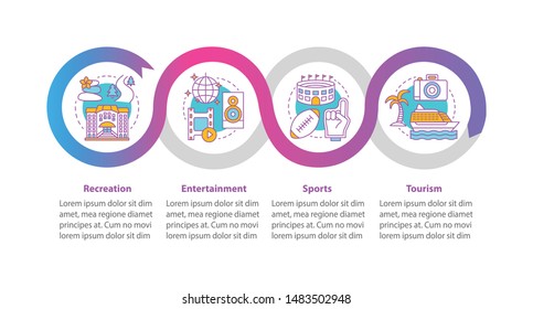 Recreation industries vector infographic template. Business presentation design elements. Data visualization with four steps and options. Process timeline chart. Workflow layout with linear icons