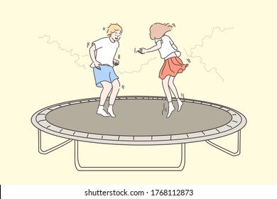 Recreation, jumping children concept. Cartoon characters young happy boy girl brother sister kids friends bouncing on trampoline. Summer leisure time activity and having fun at weekend or holiday.