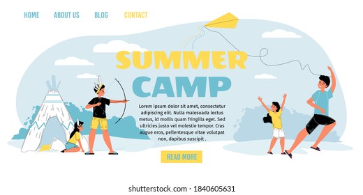 Recreation for kid at summer camp landing page. Girl boy enjoy rest outdoor play different game flying kite. Camping vacation, holiday adventure. Happy summertime, childhood entertainment