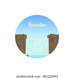 Recreation landscape circle waterfall icon on white background. Vector illustration