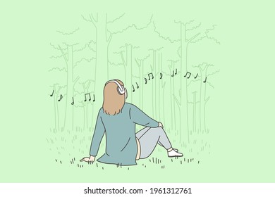 Recreation, leisure and Listening to music concept. Young happy woman cartoon character in headphones sitting on grass in park listening to music vector illustration 