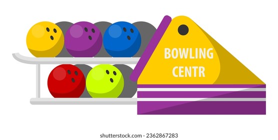 Erholung und Freizeit, abgelegener Bowlingzentrum mit Halter für Bälle mit Löchern für Finger. Sport oder Aktivitäten, Freizeit und Unterhaltung, sportliche Betätigung. Vektorgrafik im Flachstil