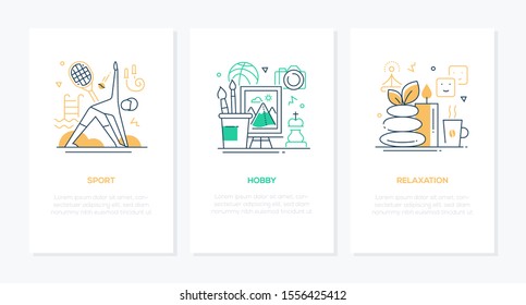 Recreation And Leisure - Vector Line Design Style Banners With Space For Your Text. Sport, Hobby And Relaxation Ideas. Fitness, Activities And Spa Services, Stone Therapy. Drawing, Photography, Chess