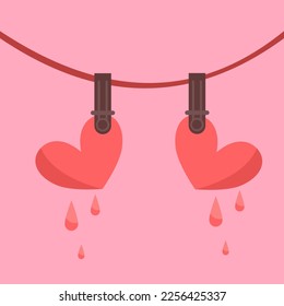 recreation Like drying clothes with water droplets, pink hearts, love flowing down on a pink background